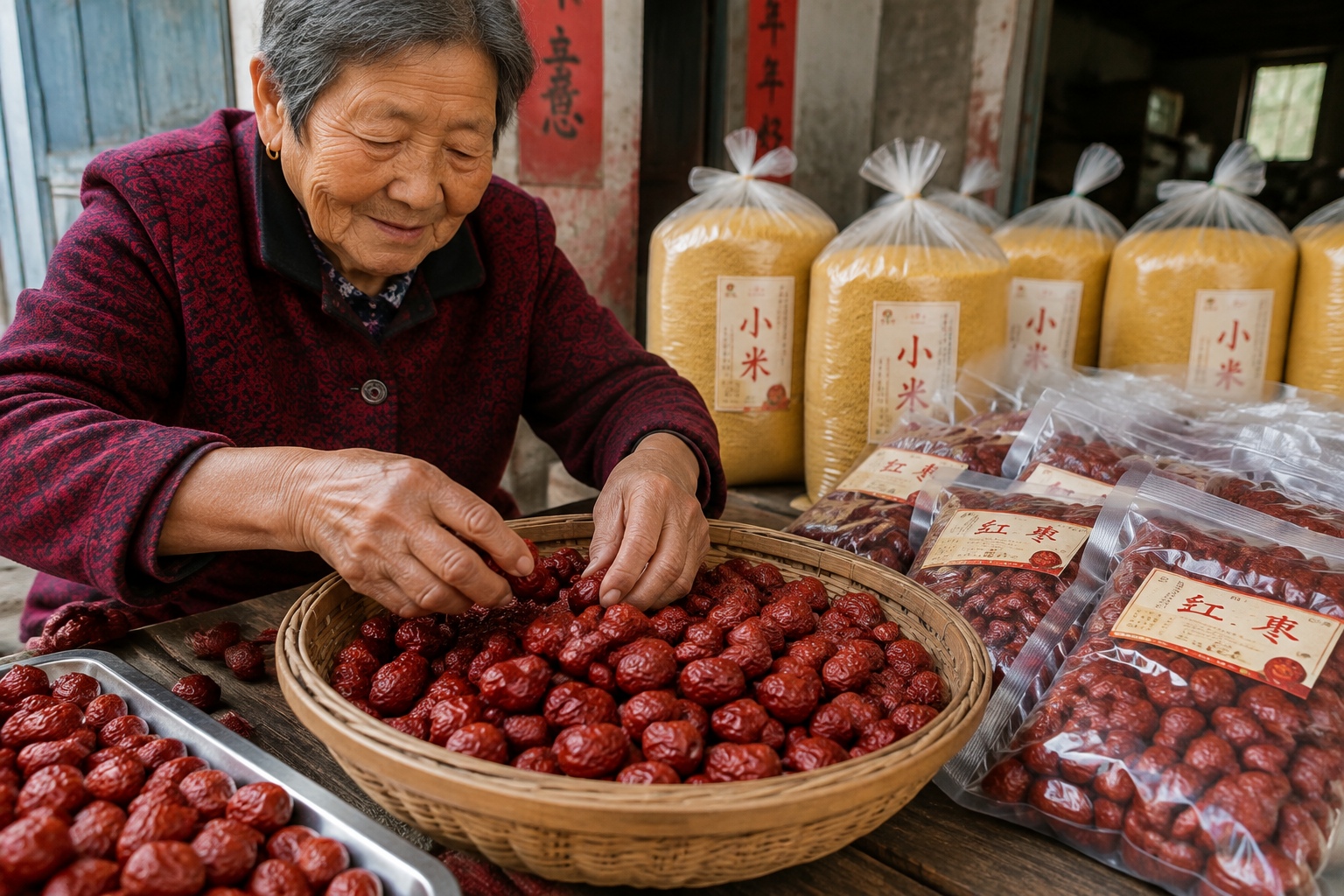 Worker sorting red dates at a Shanxi village warehouse