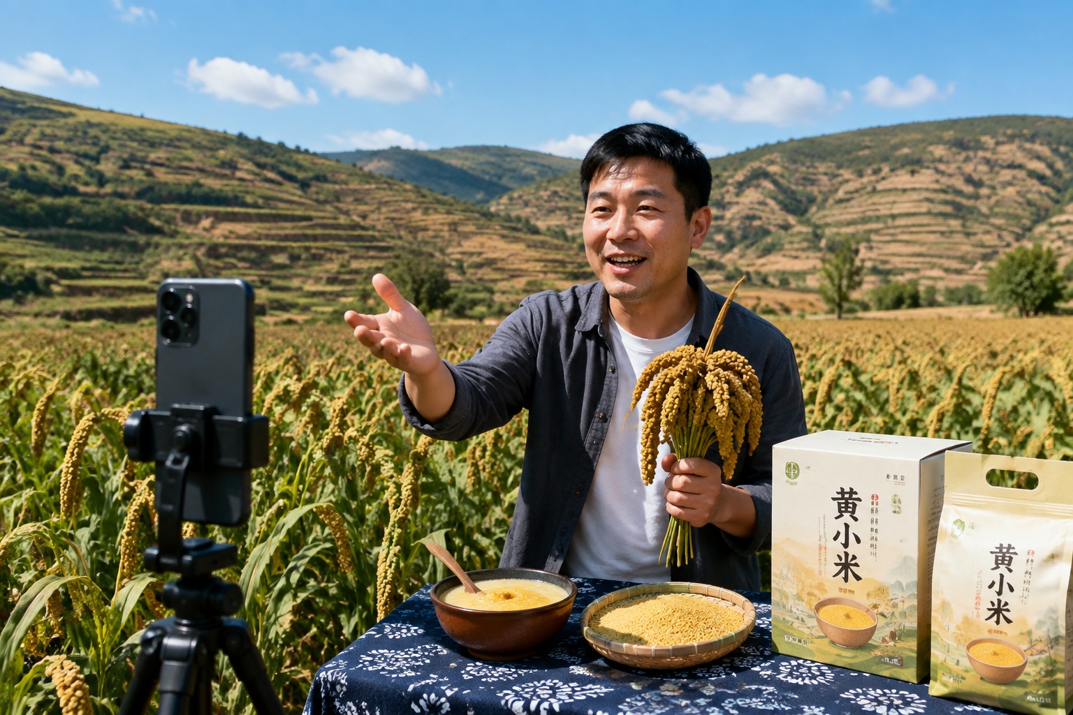 Livestream seller promoting Shanxi millet from a field