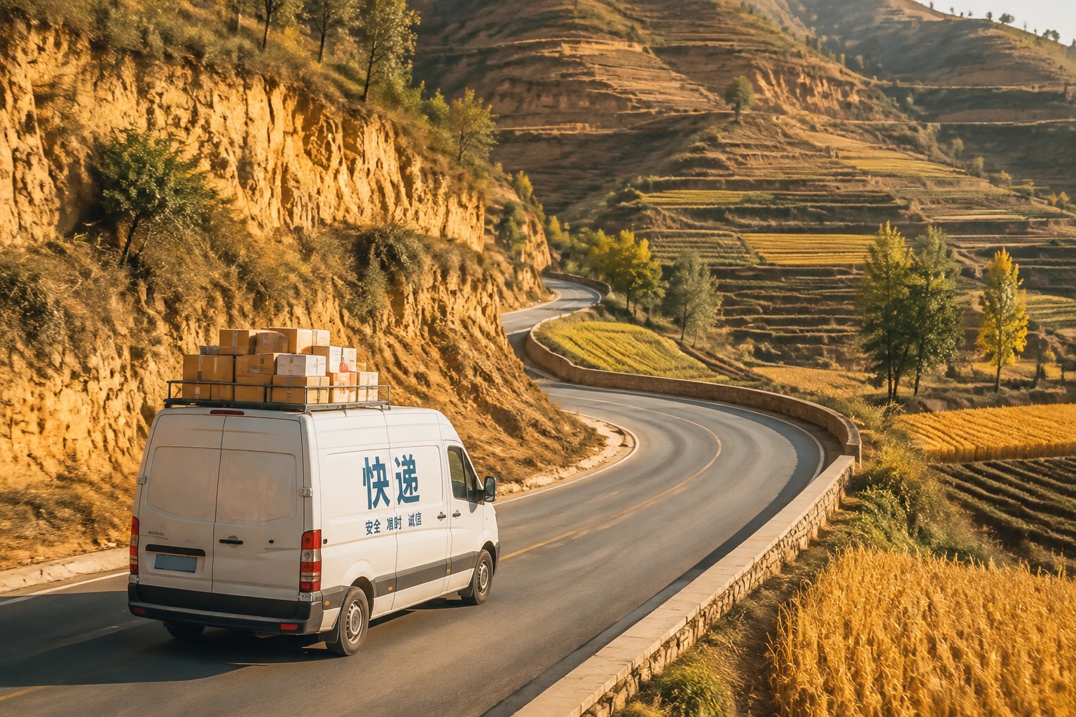 Courier van carrying Shanxi millet orders on Loess Plateau road