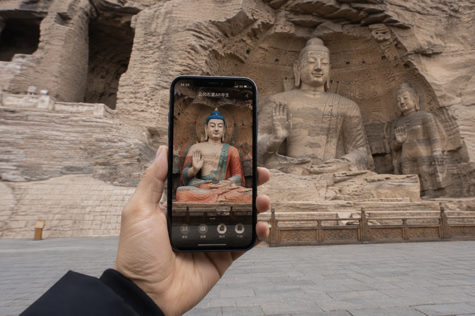 Visitor using AR app to see digital color reconstruction of Yungang Buddha statue