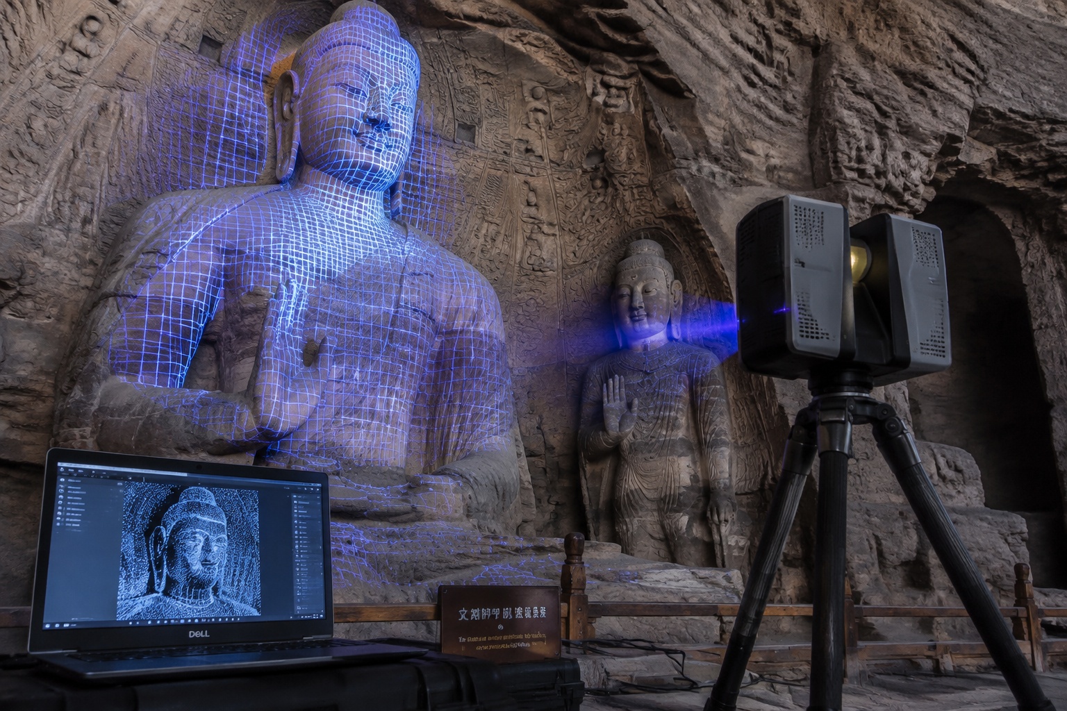 3D laser scanner documenting an ancient Buddha statue for digital restoration