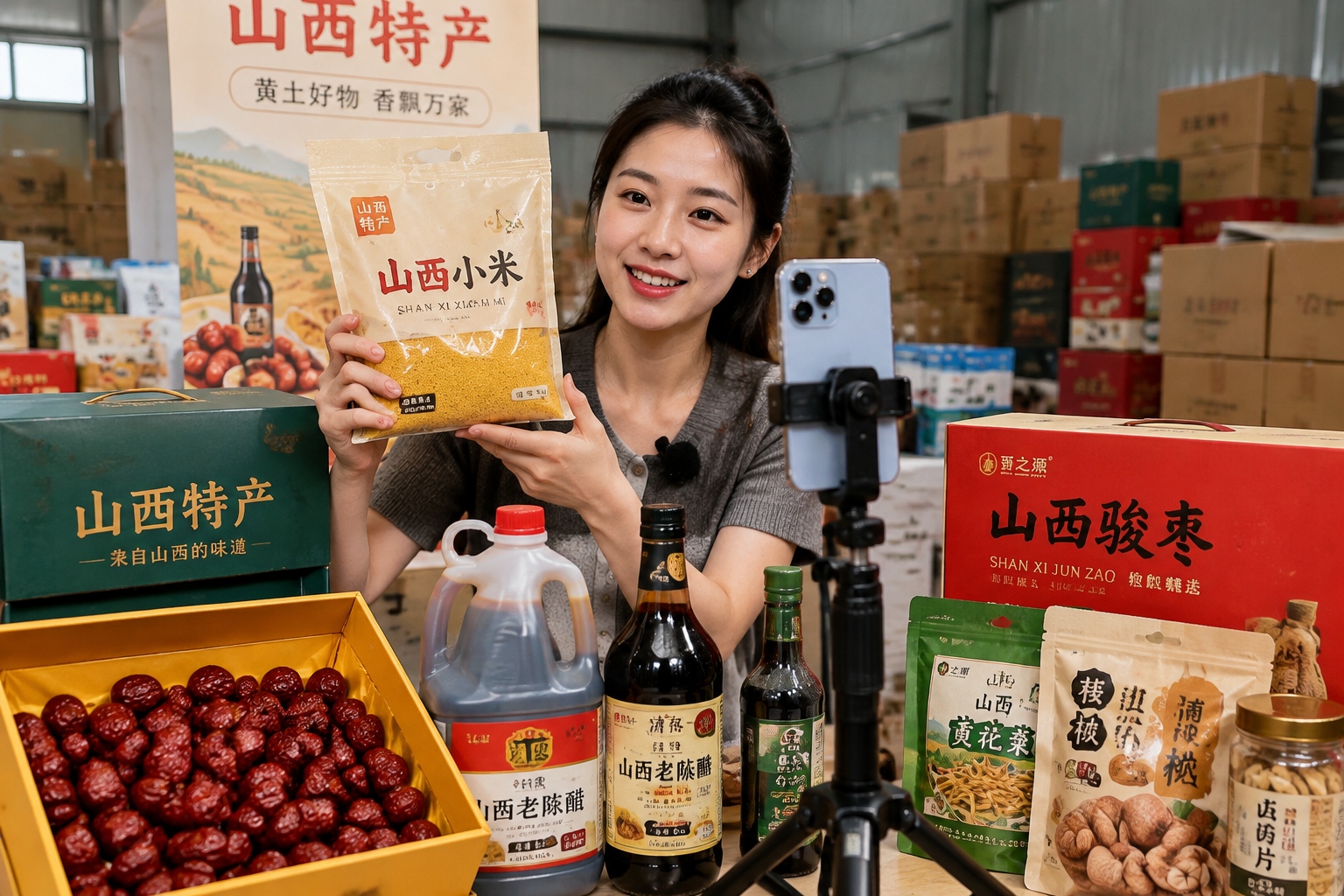 Young woman livestreaming sale of local Shanxi millet and vinegar from a small warehouse.