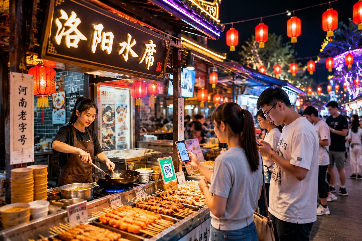 Vibrant Luoyang night market with neon lights, food stalls, and customers paying by phone