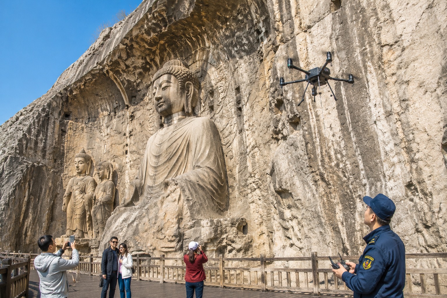 Longmen Grottoes with the Vairocana Buddha and tourists, plus a maintenance drone inspecting the ancient carvings