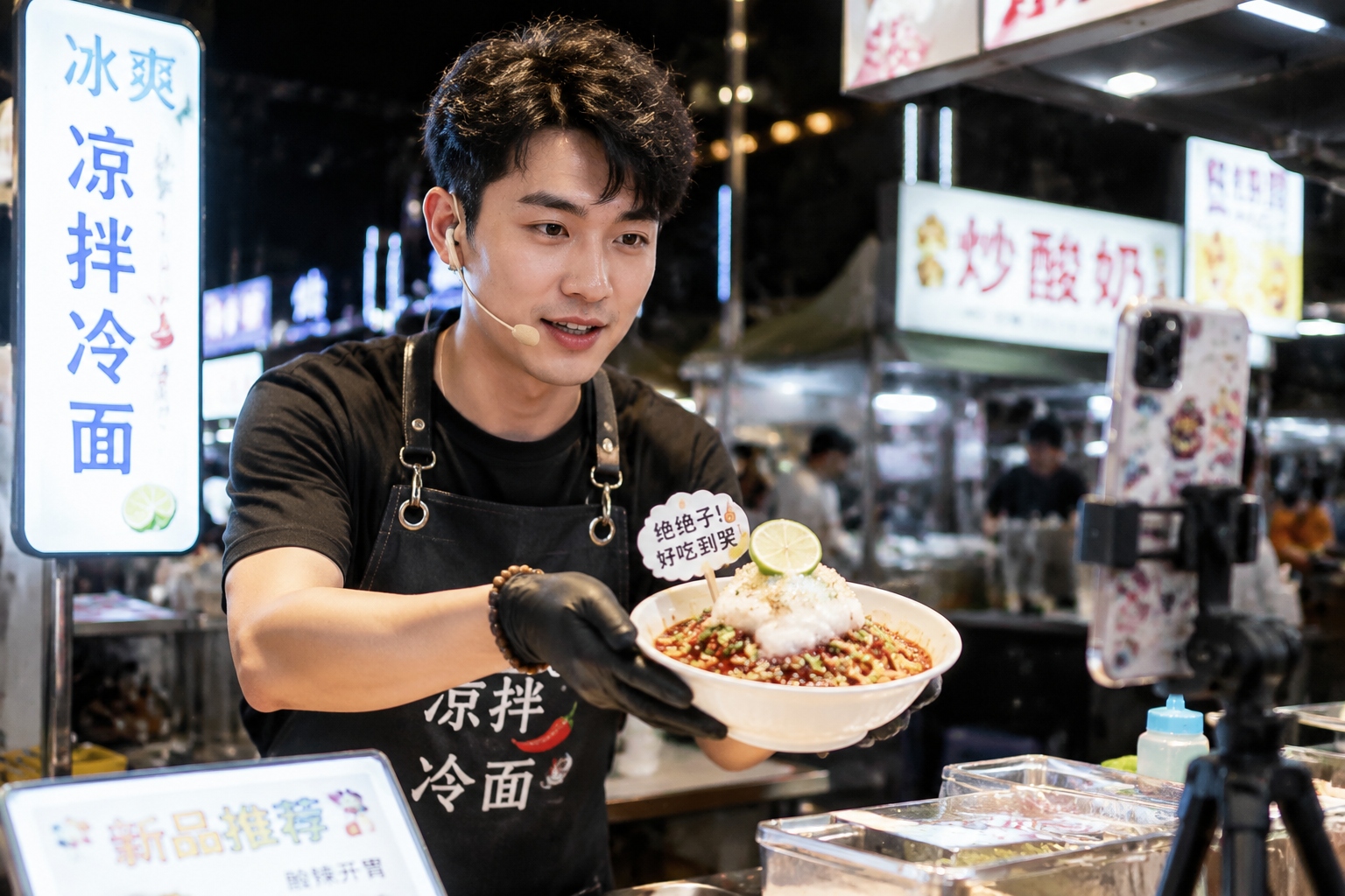 Young vendor making a modern version of a Sui-dynasty noodle dish at a Luoyang night market, with a phone streaming the process