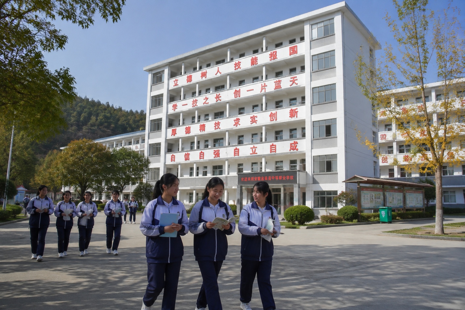 Rural Anhui vocational school campus with students in uniform walking across a courtyard
