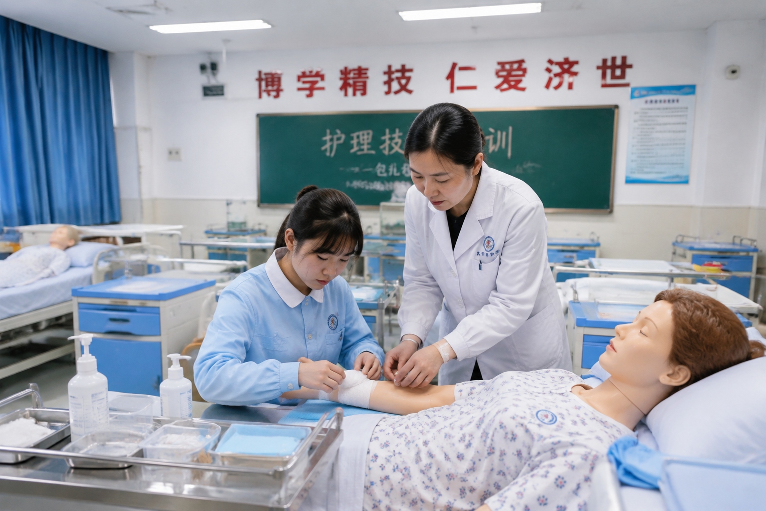 Vocational student practicing nursing bandaging on a mannequin under a teacher's guidance
