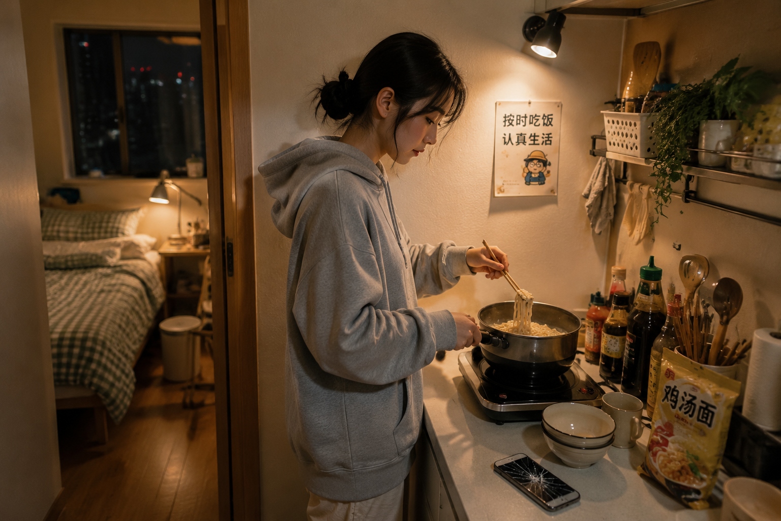 Young rural-origin nurse cooking noodles in her small rented room in Hefei