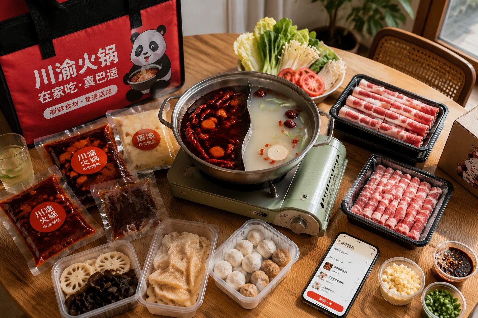 A Sichuan hotpot delivery kit arranged on a home dining table in Shanghai, with a portable stove and fresh ingredients
