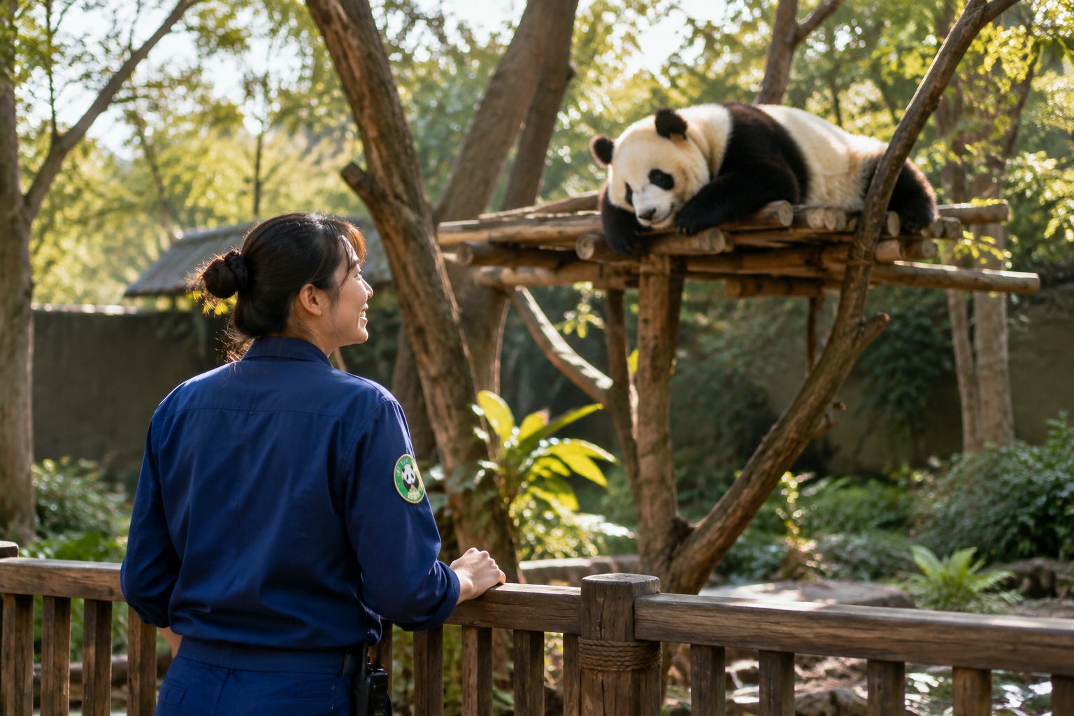 Panda keeper watching a young panda sleeping in a tree at Chengdu panda base in the morning