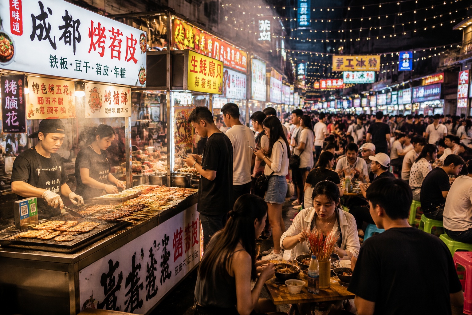 Night market food stalls in Chengdu with vendors grilling skewers and customers paying by phone