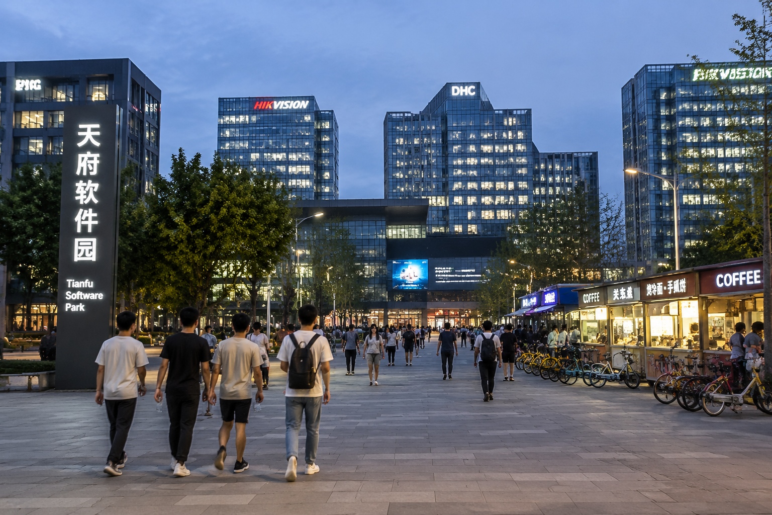 Young IT workers walking through Tianfu Software Park in Chengdu at dusk, surrounded by modern office towers