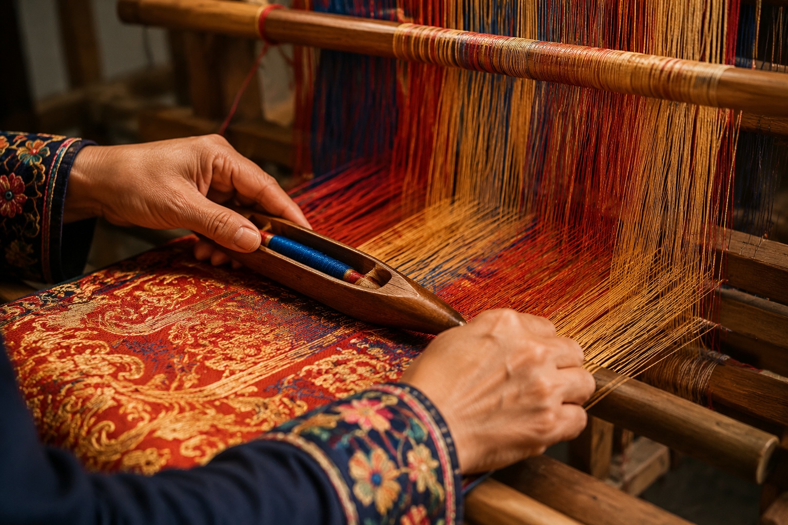 Close-up of a craftsman weaving Shu brocade on a traditional loom in Chengdu, showing the intricate silk threads and shuttle.