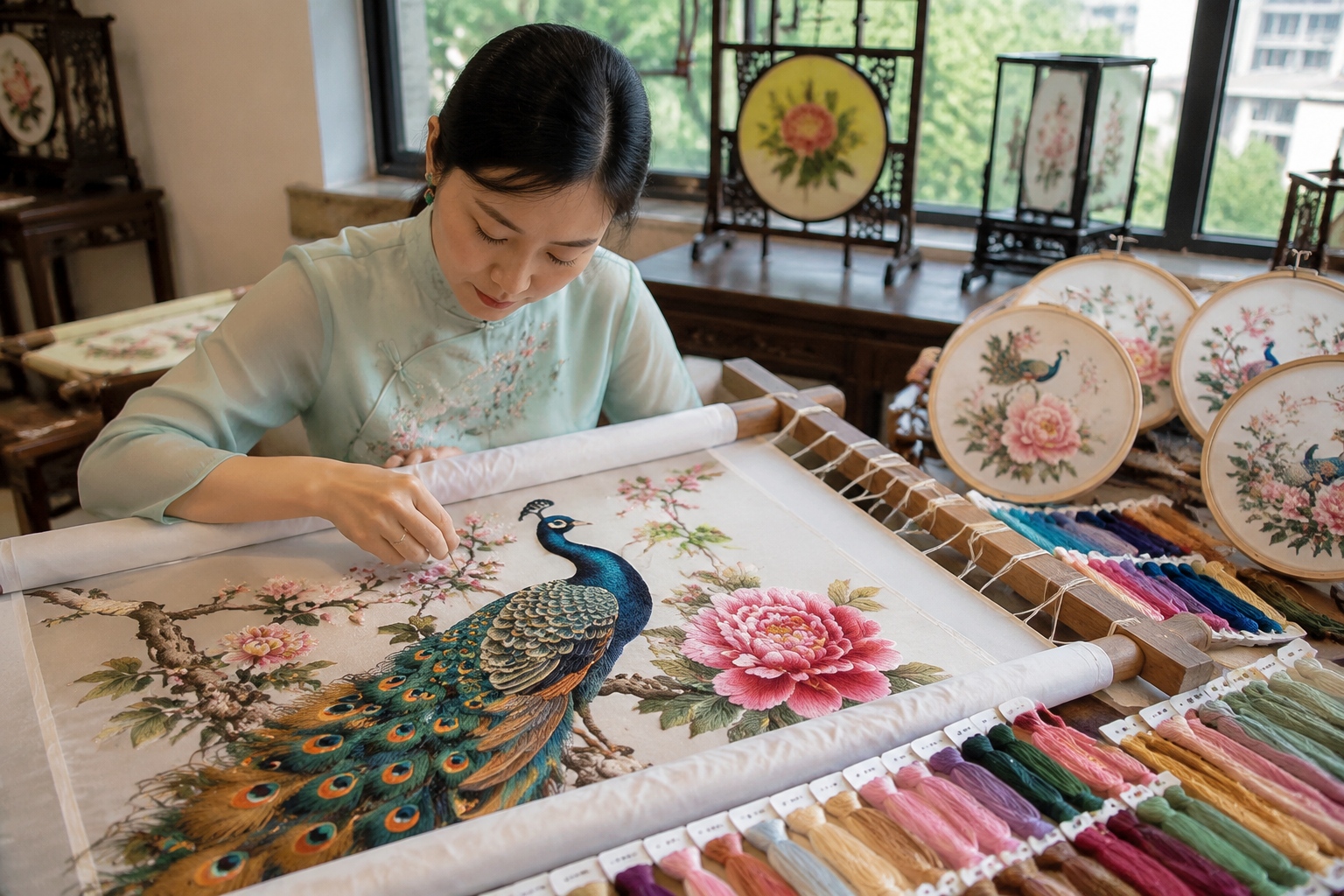 A Shu embroidery artist stitching a colorful peacock and peony pattern on silk in a Chengdu studio, surrounded by threads and tools.