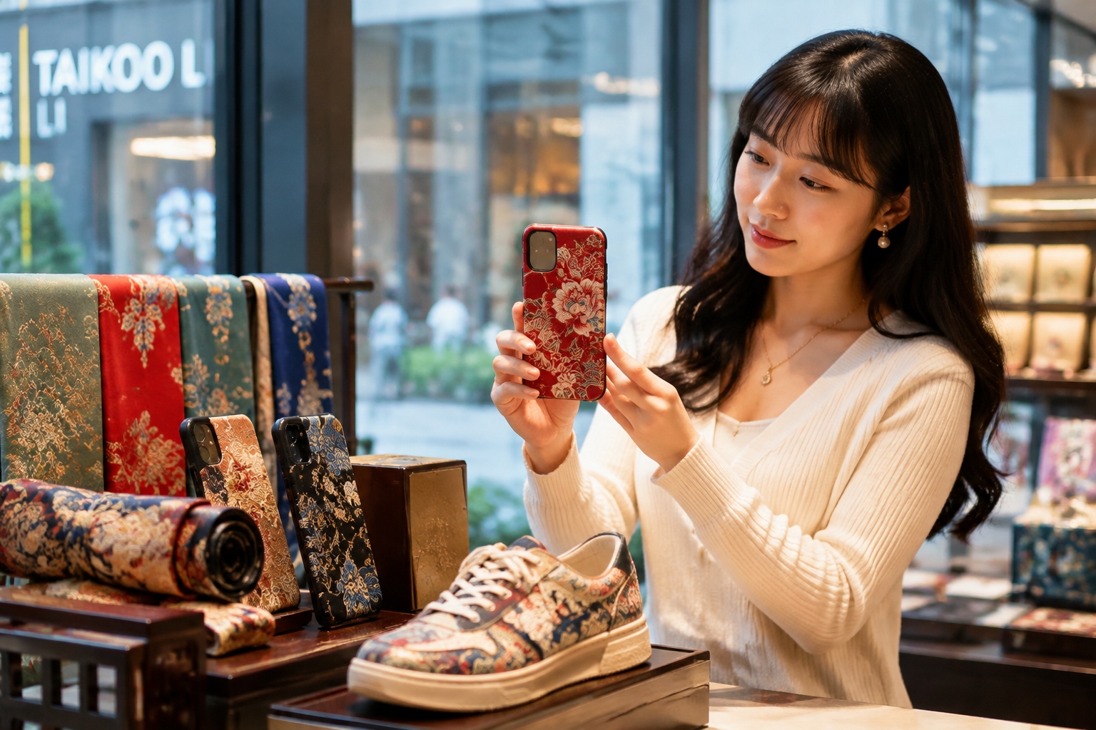 A shopper in a Chengdu boutique looking at modern products featuring Shu embroidery and brocade, including scarves, phone cases, and shoes.