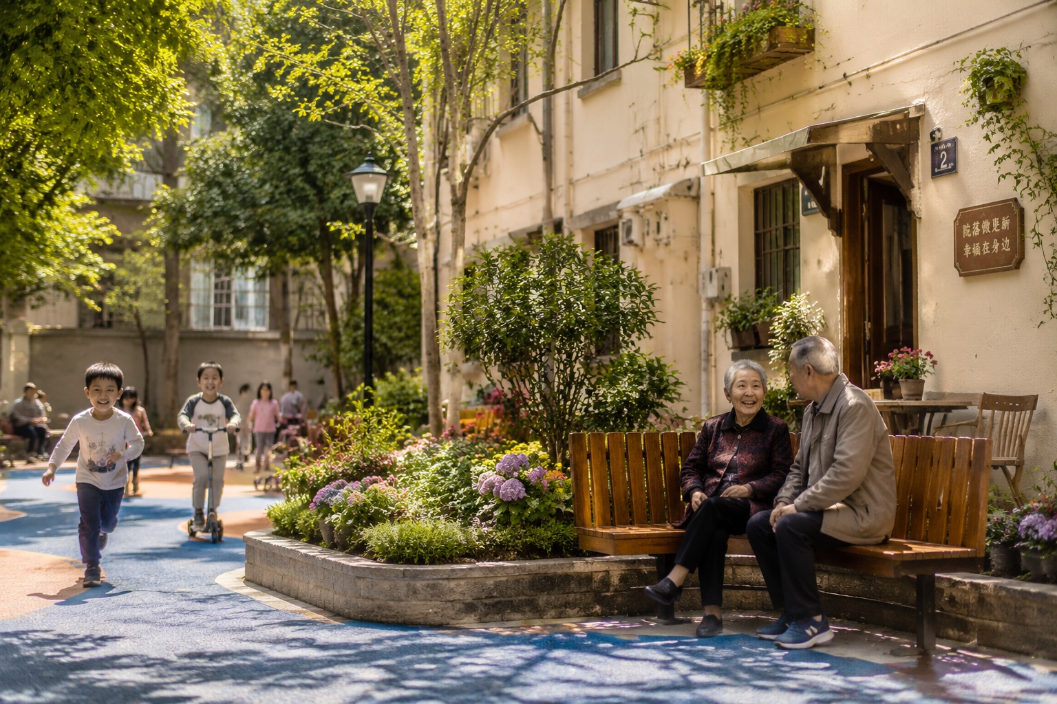 Newly renovated community garden in an old Chengdu neighborhood used by elderly residents and children