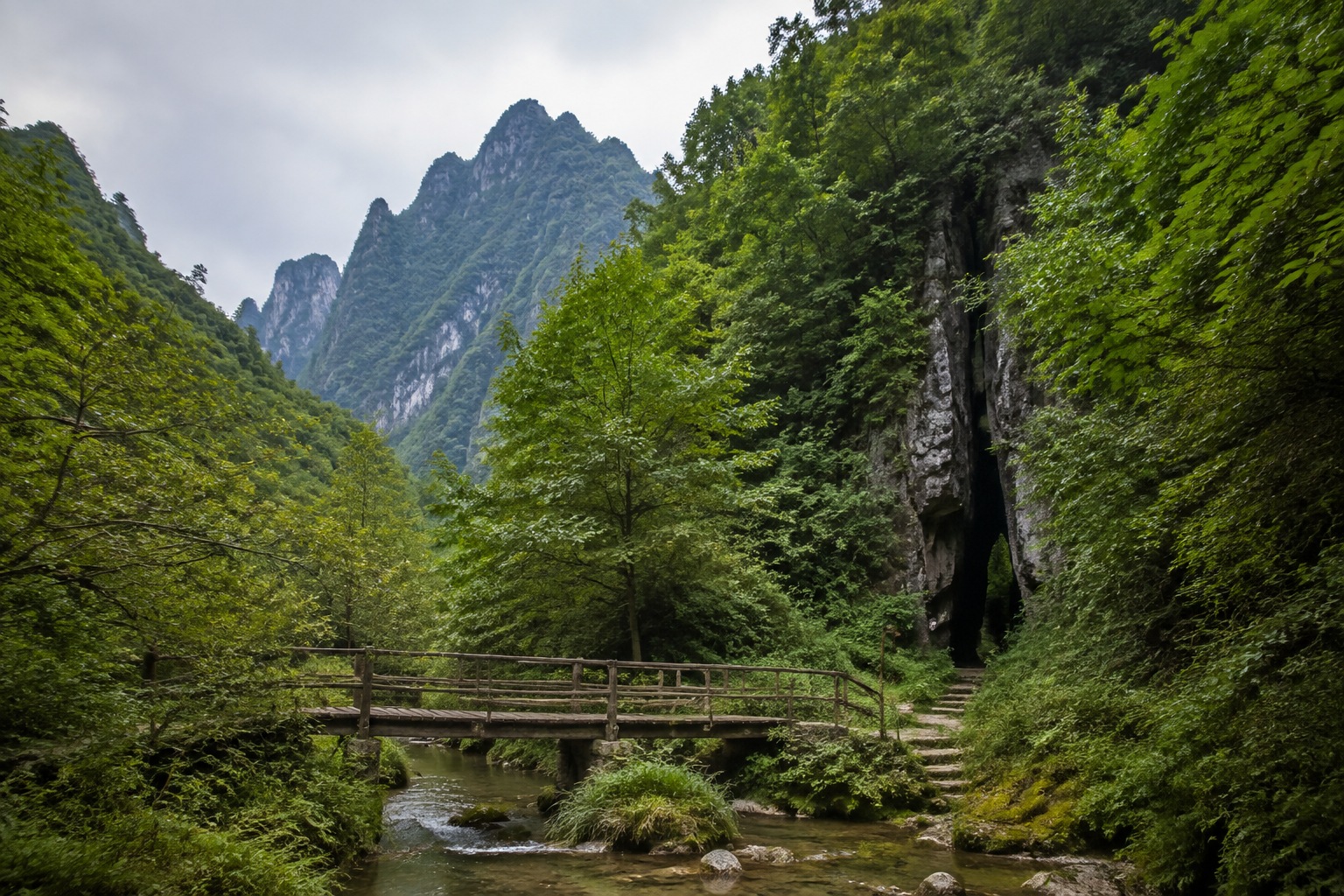 Hidden trail entrance at Lvcongpo village near Enshi Grand Canyon, overgrown, with karst peaks behind