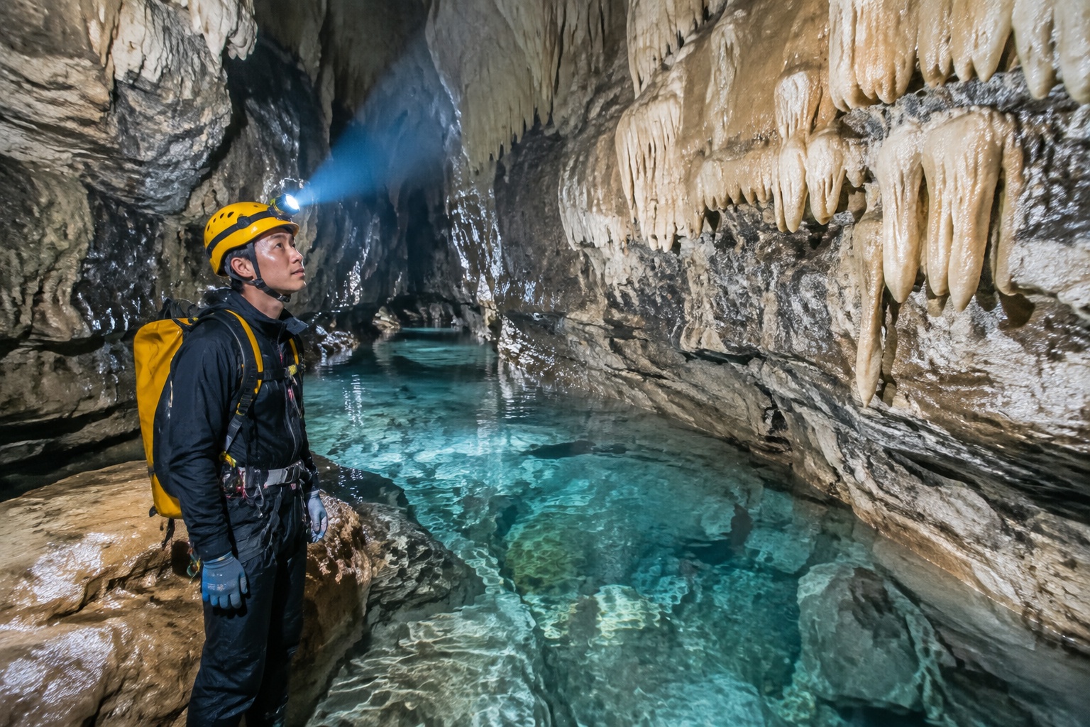 Hiker with headlamp exploring underground river inside the secret fissure in Enshi Grand Canyon