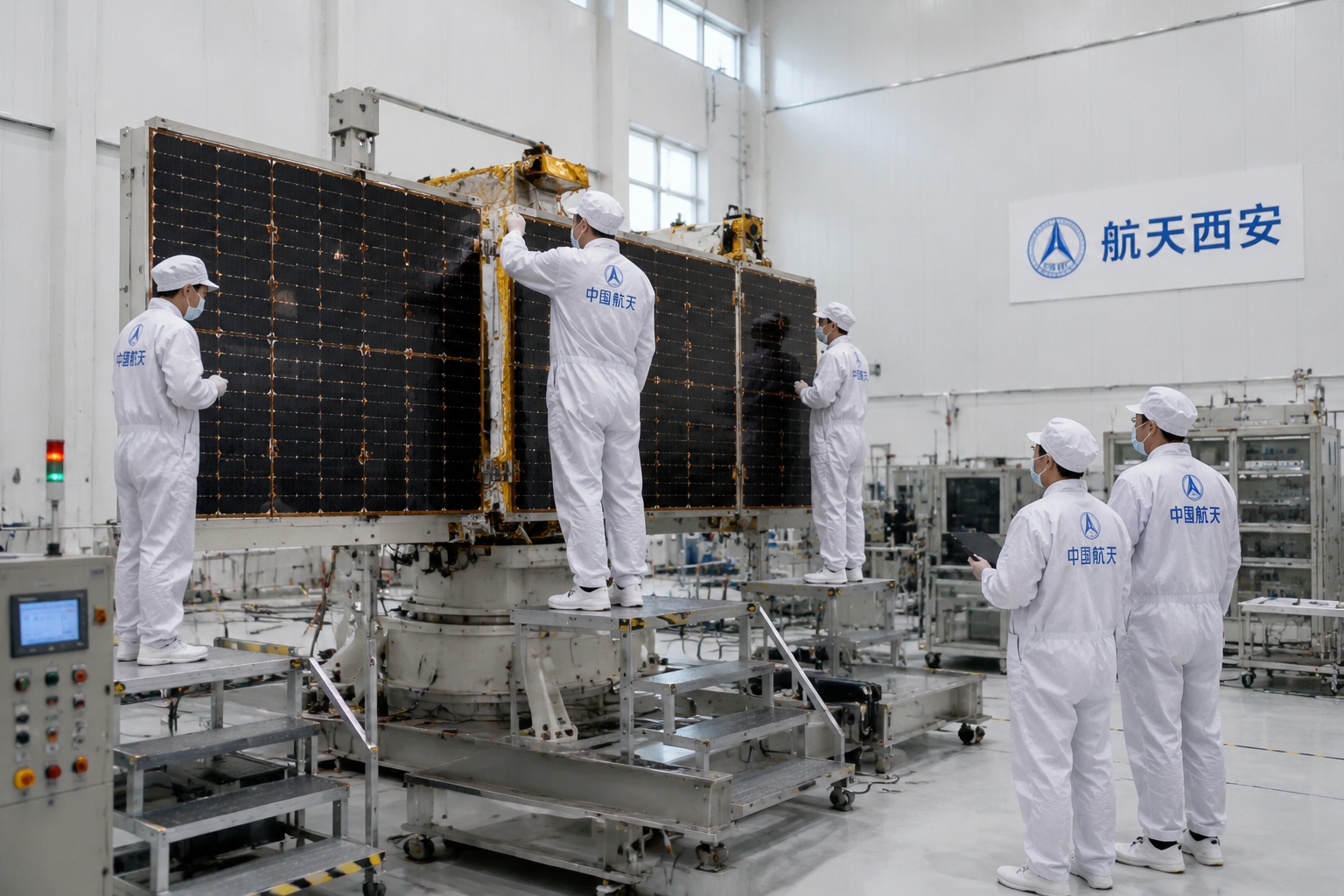Engineers in cleanroom suits testing satellite equipment at an aerospace facility in Xi'an, China