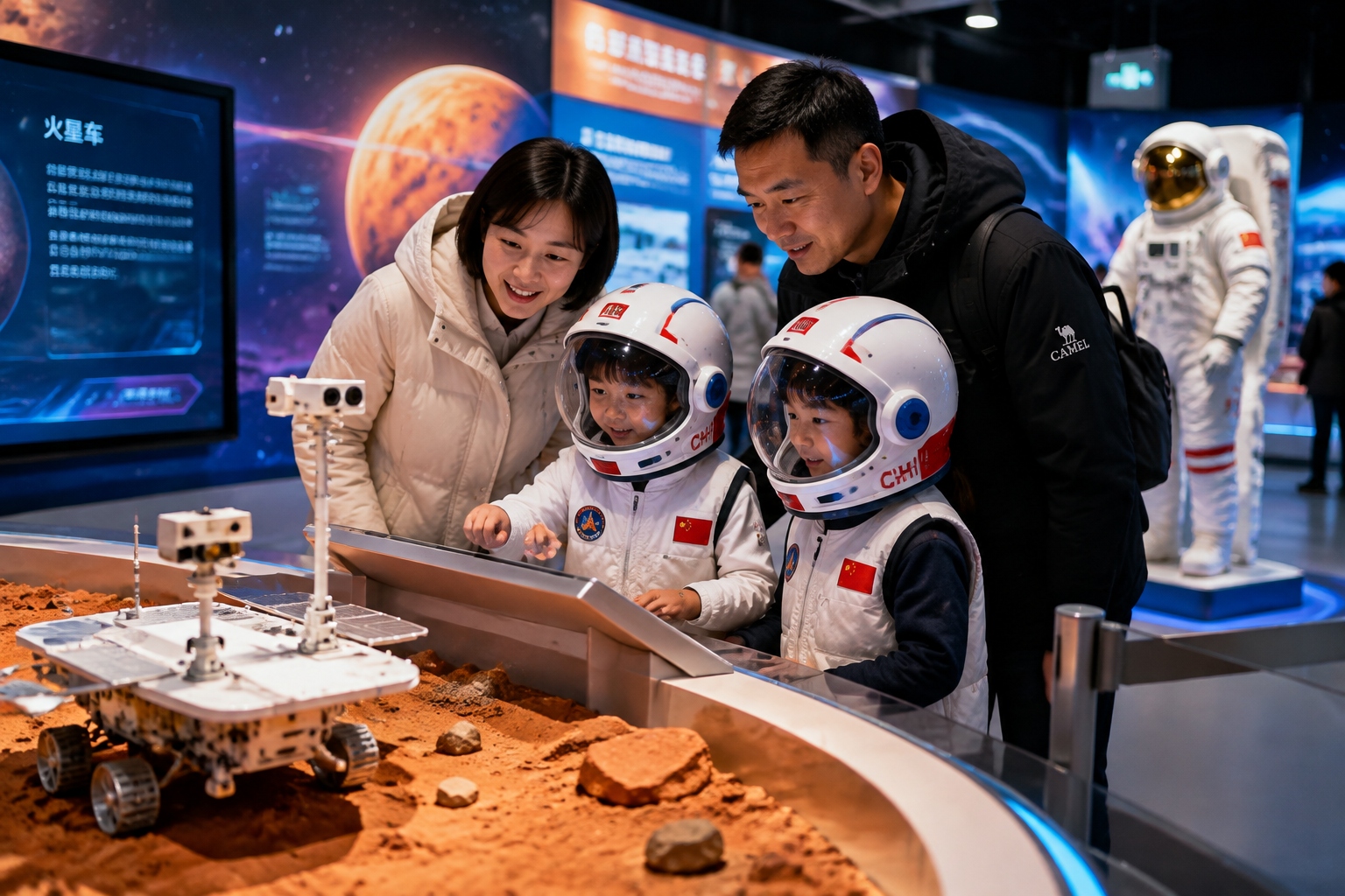 Children with astronaut helmets interacting with a Mars rover model at a space exhibition in Xi'an