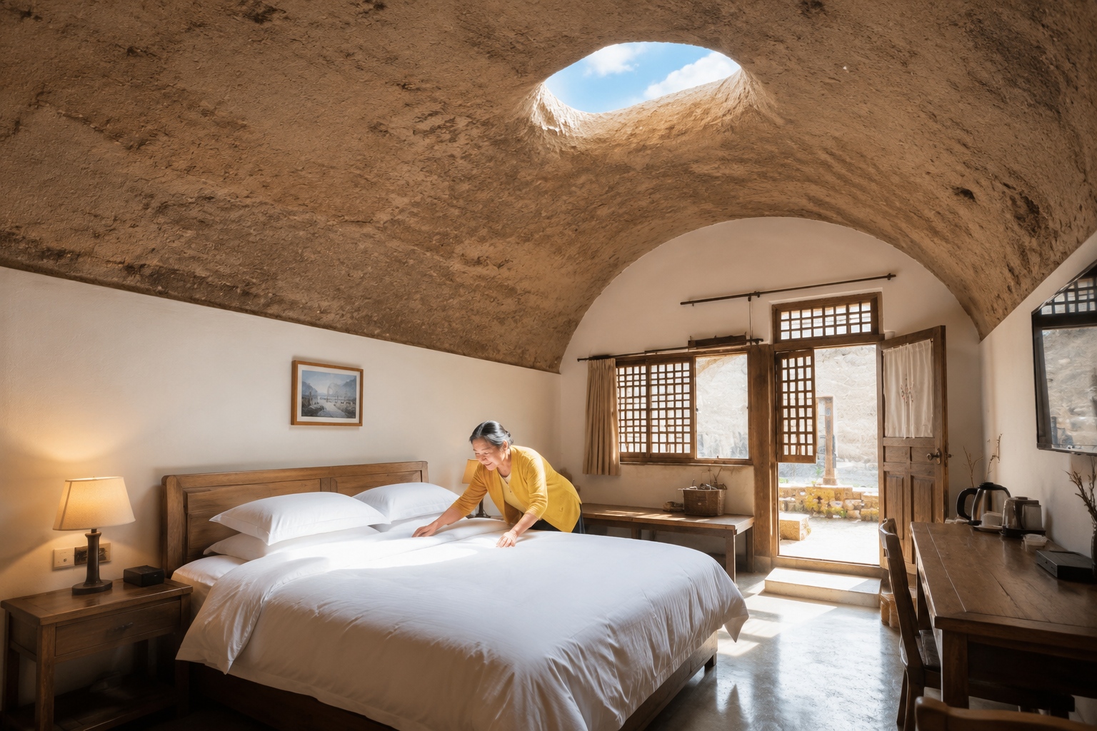 Renovated cave dwelling interior in Yan'an, Shaanxi, with modern bed and original curved earth ceiling