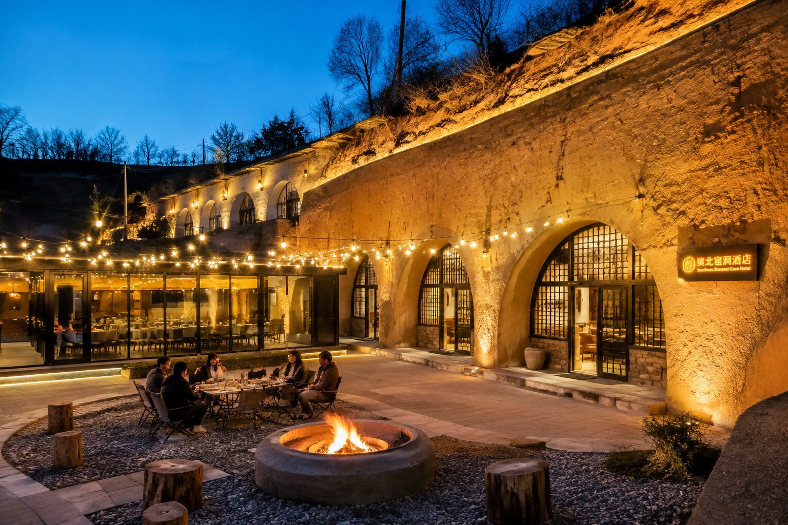 Modern cave hotel near the Yellow River in Shaanxi, with a glass restaurant and courtyard fire pit