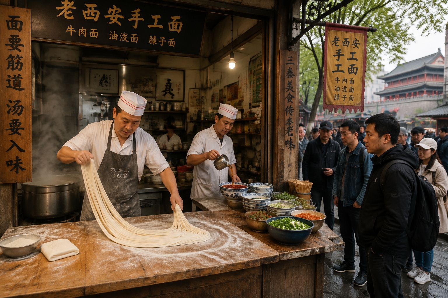 A cook in a small Xi'an noodle shop pulling belt-width biangbiang noodle dough while a pot of water steams behind him