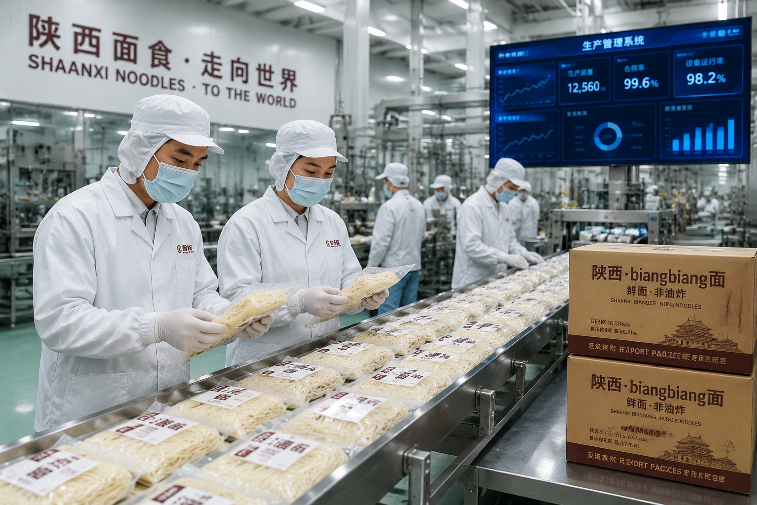 Workers inspecting vacuum-packed biangbiang noodle packets in a modern Shaanxi food factory