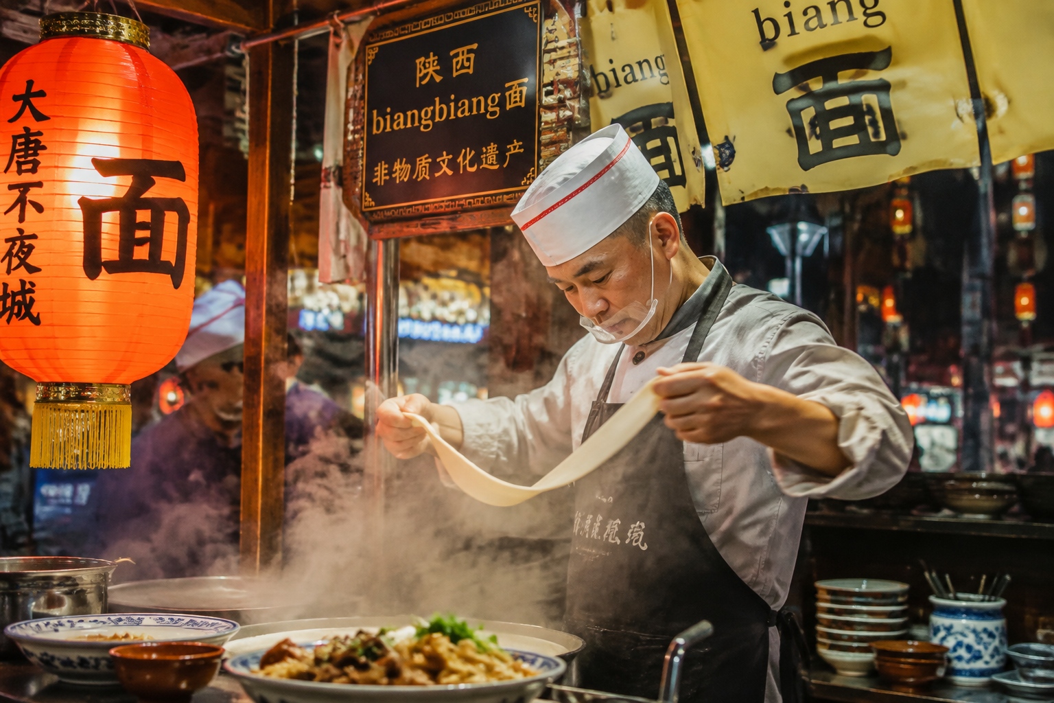 Street vendor making biangbiang noodles at a night food stall in Xi'an's Grand Tang Dynasty Mall.