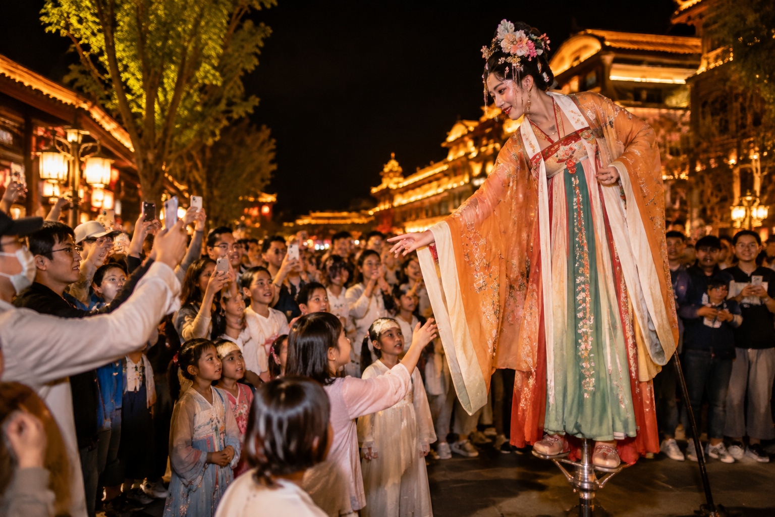 Performers and spectators at the famous 'Unfair Lady' street show in Xi'an's Grand Tang Dynasty Mall.