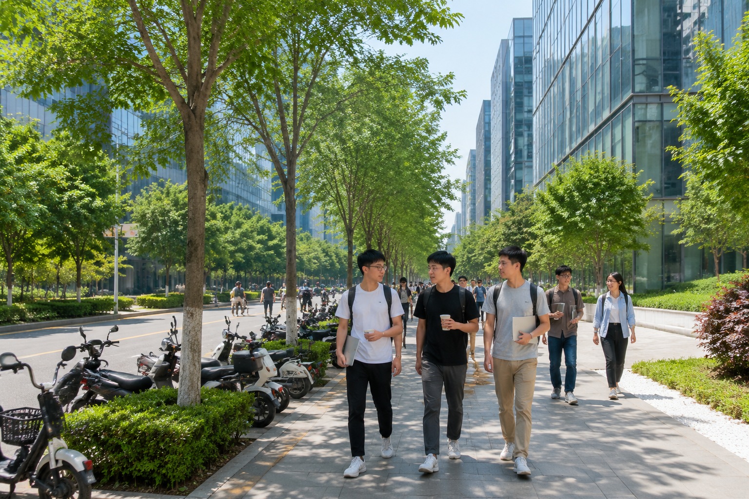 Tech workers walking in Xi'an Software Park with modern glass office towers.