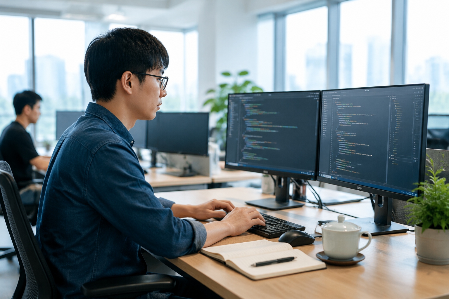 Chinese software engineer coding in an office in Xi'an Software Park.