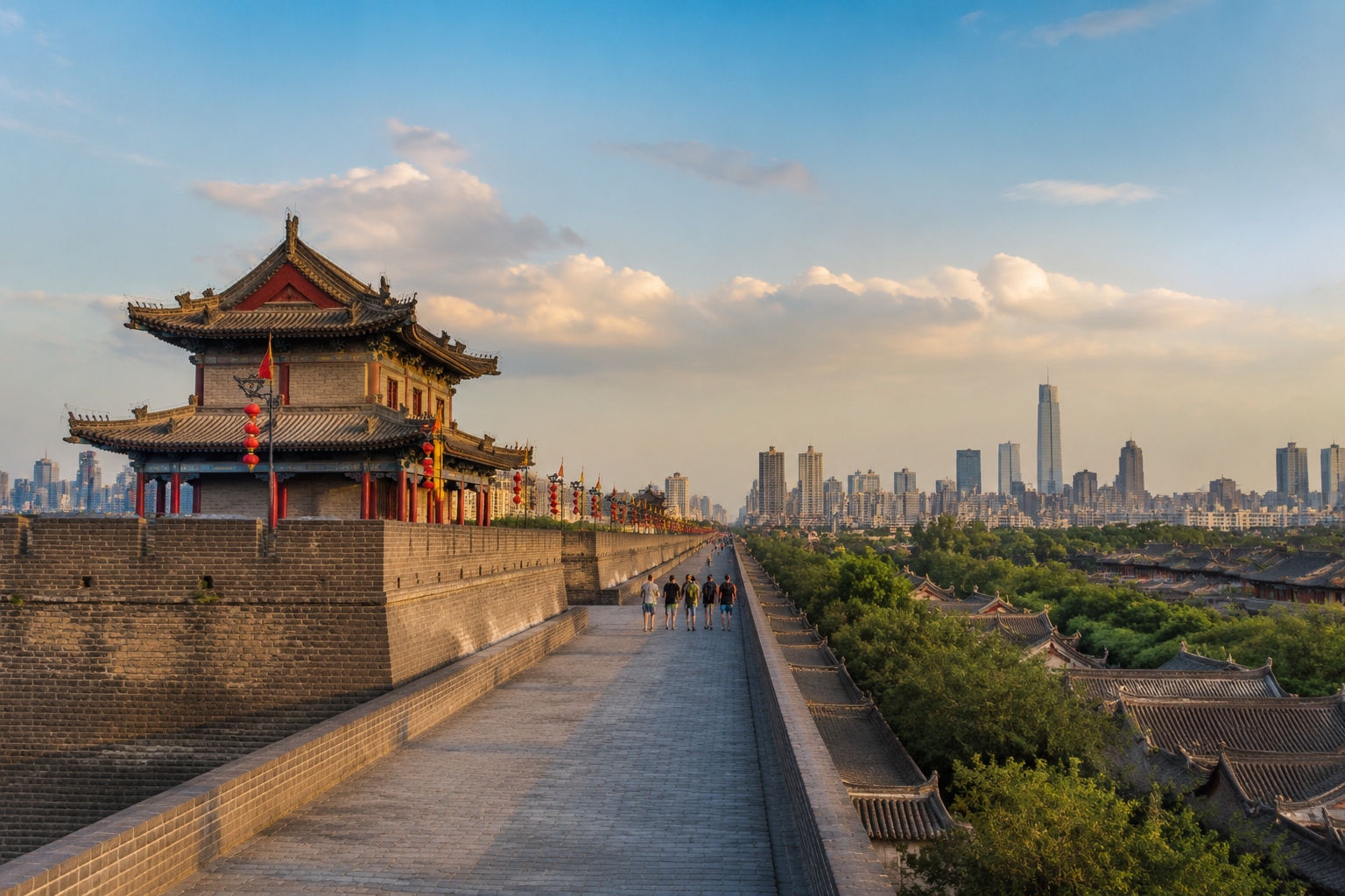 Ancient Xi'an city wall with modern tech skyline in background.