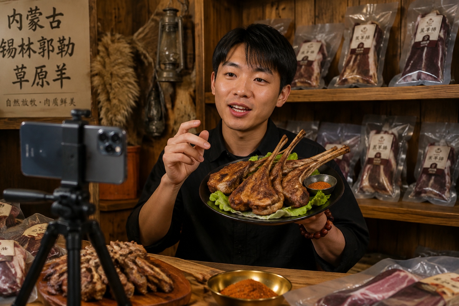 Young herder live-streaming from his home to promote Ningxia Tan Sheep meat.