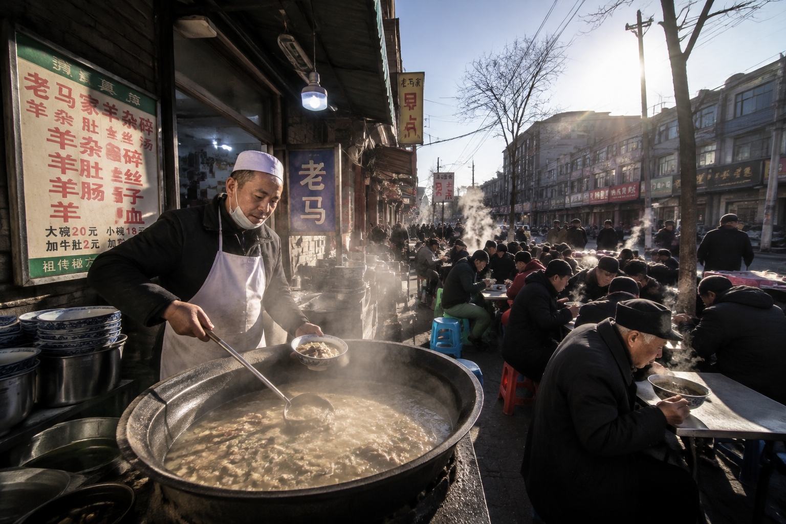 Cook serving sheep organ soup at a morning stall in Wuzhong, Ningxia