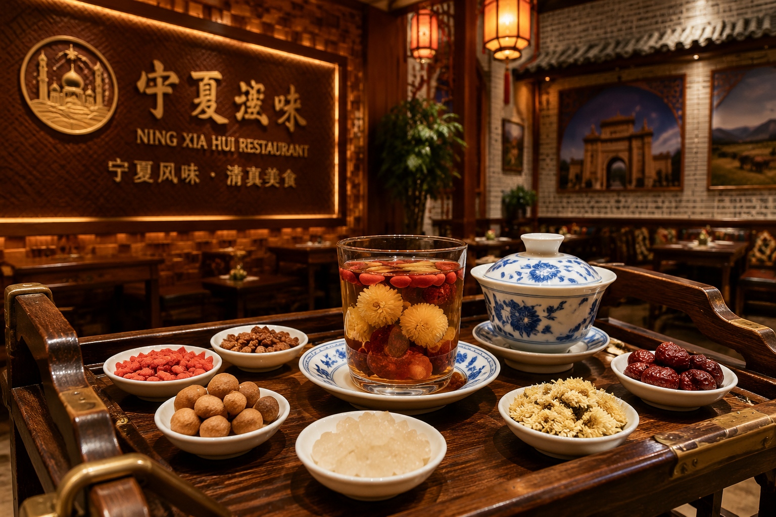 Eight-treasure tea served after a meal in a Ningxia Hui restaurant