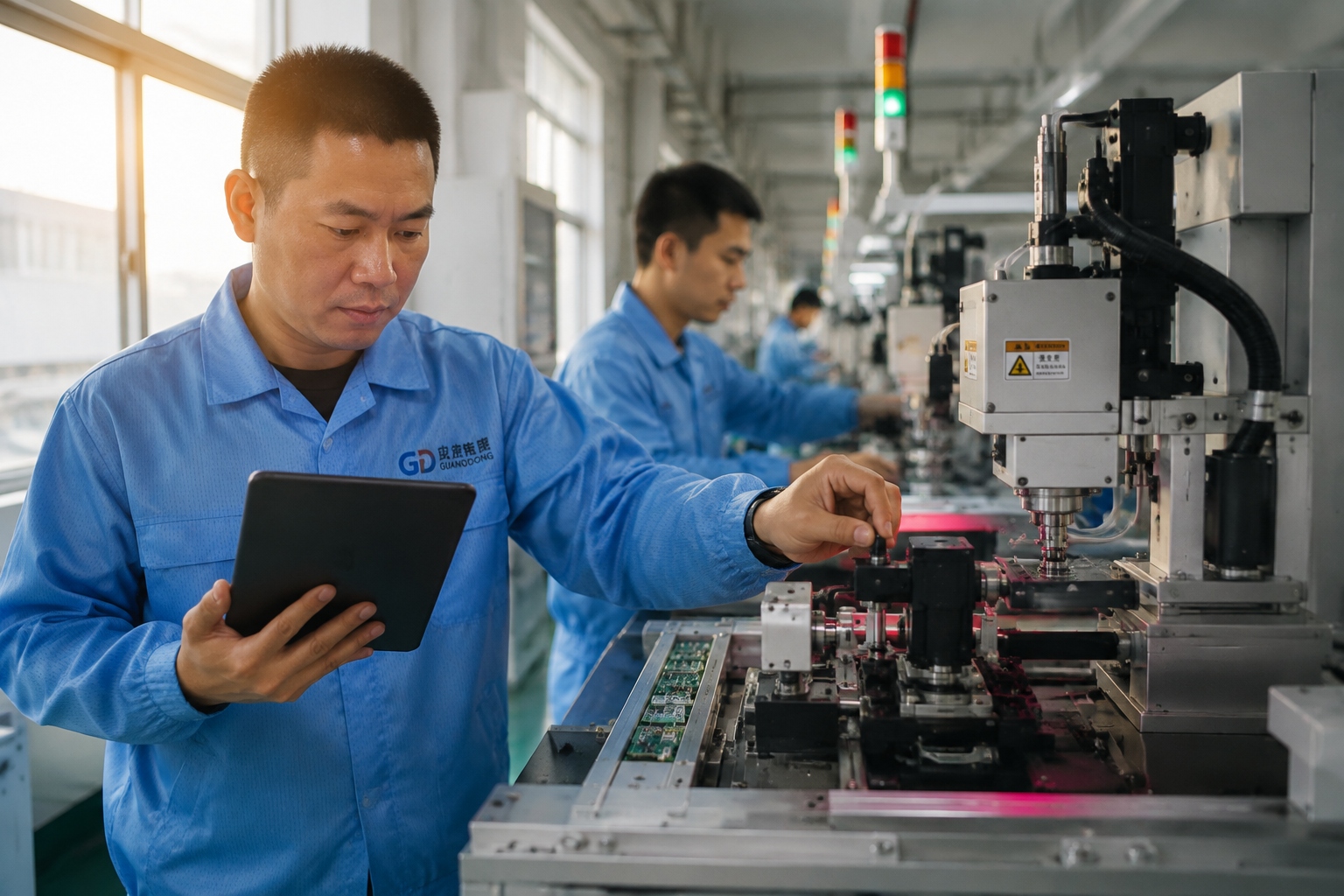Workers adjusting a small-batch production line in a Guangdong factory, guided by a digital tablet