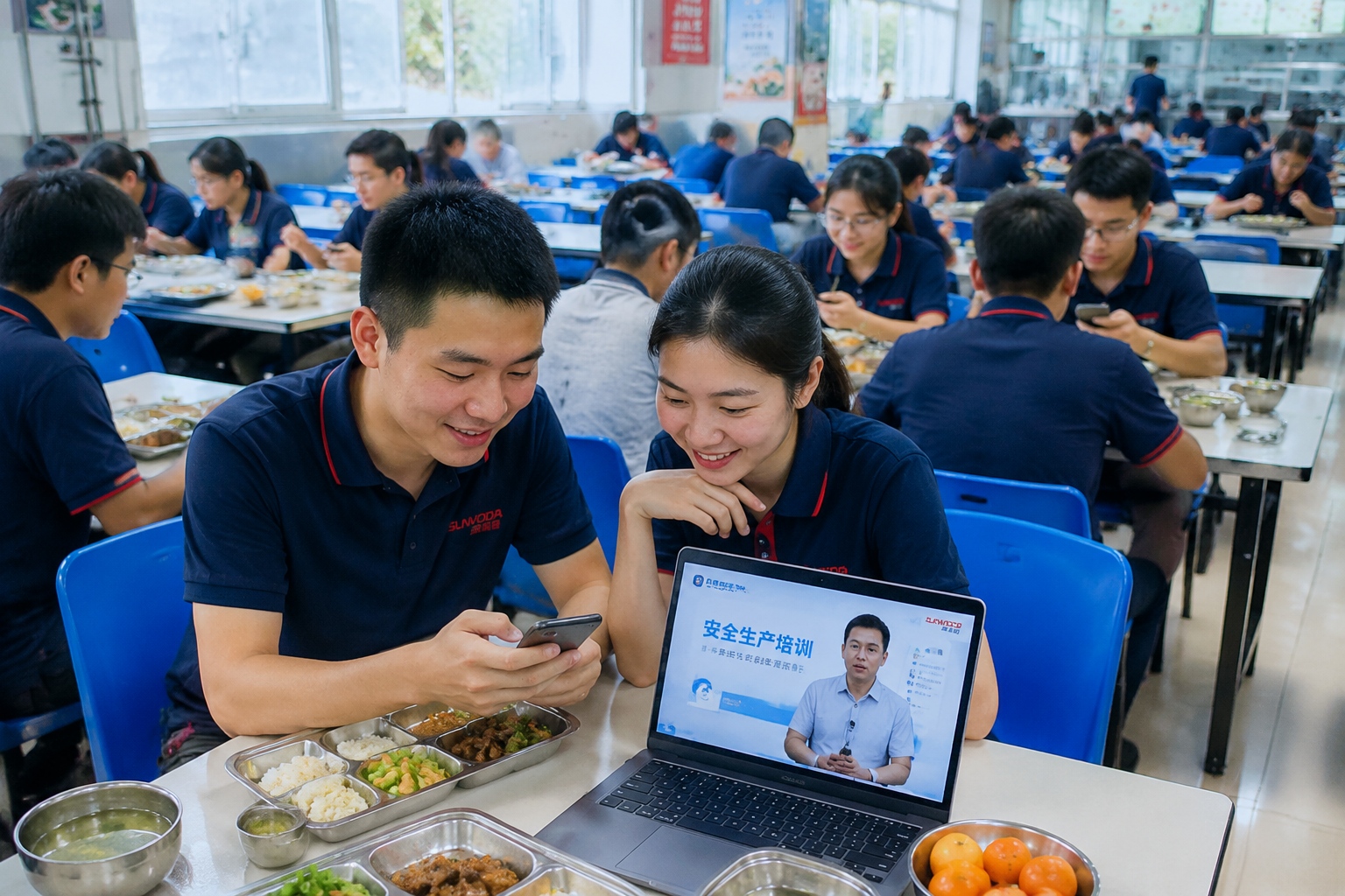 Young factory workers using phones and a laptop to study during lunch break in a Dongguan canteen