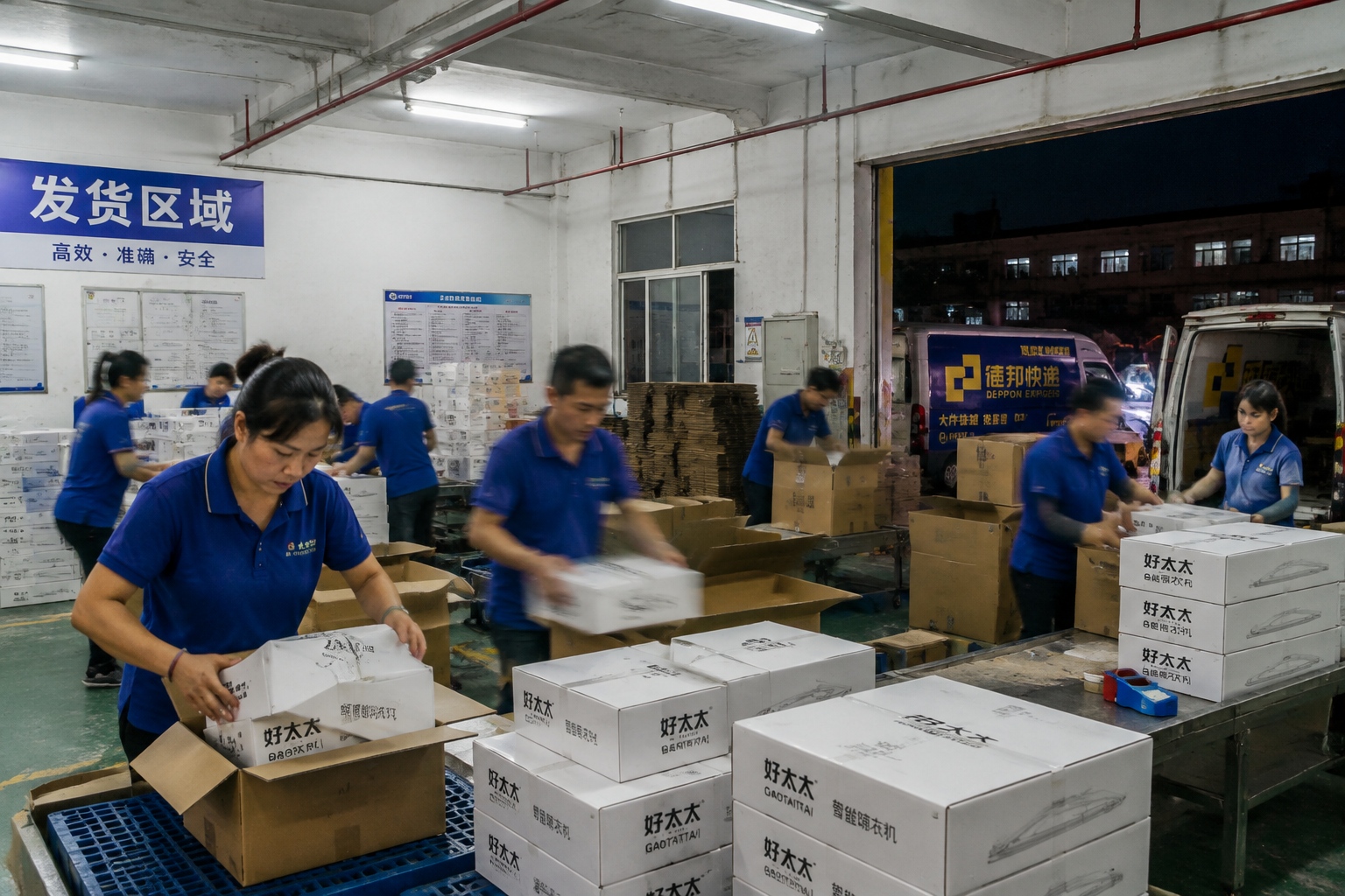 Workers packing cross-border e-commerce orders in a Guangdong factory shipping area at night
