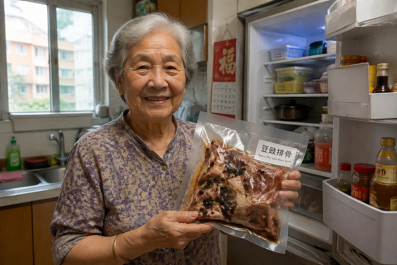 Elderly woman in a Guangzhou apartment holding a vacuum-packed bag of pre-made Cantonese black bean spare ribs from her refrigerator