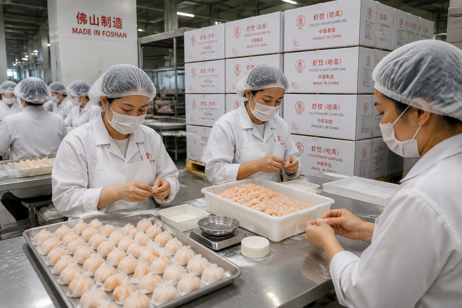 Workers hand-wrapping shrimp dumplings at a dim sum factory in Foshan, Guangdong, for export