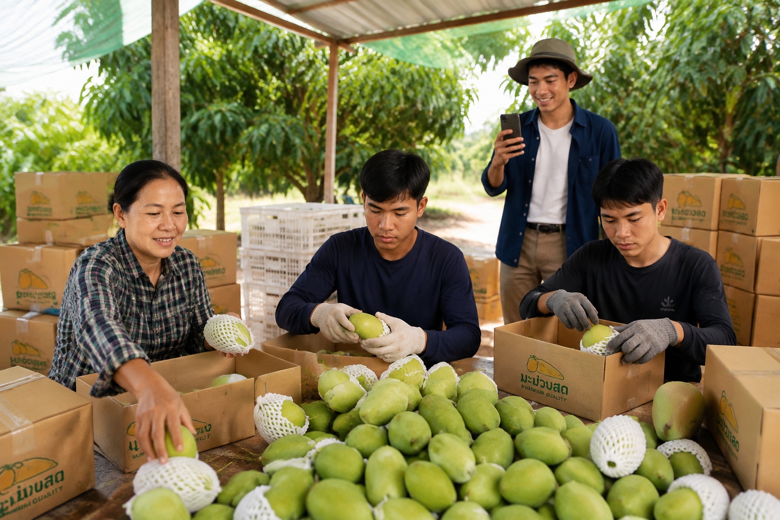 Workers packing fresh mangoes into boxes while Huang Jun films the process for his livestream.