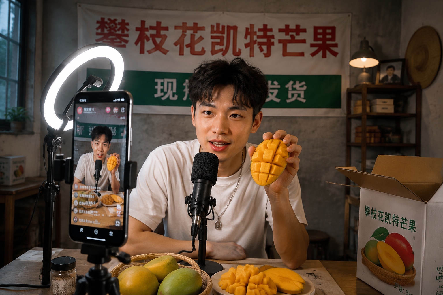 Huang Jun in his livestream studio at home, showing freshly cut mangoes to online viewers.