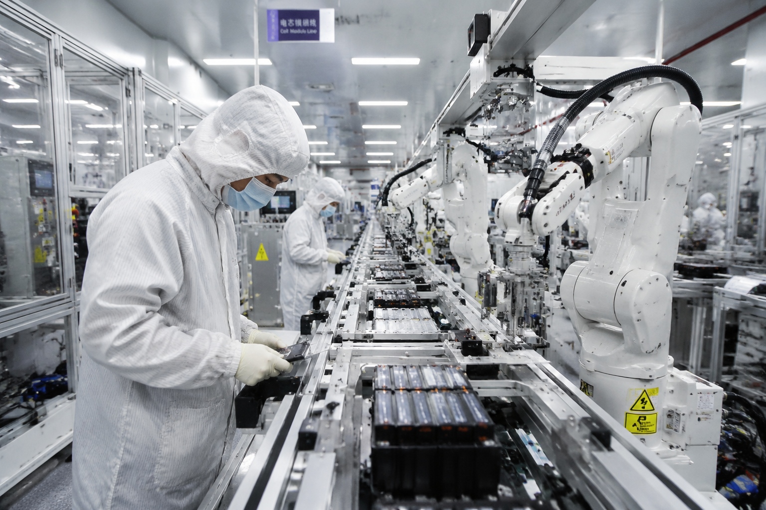 Workers in white cleanroom suits monitor battery cell production at CATL's factory in Ningde, Fujian, China.