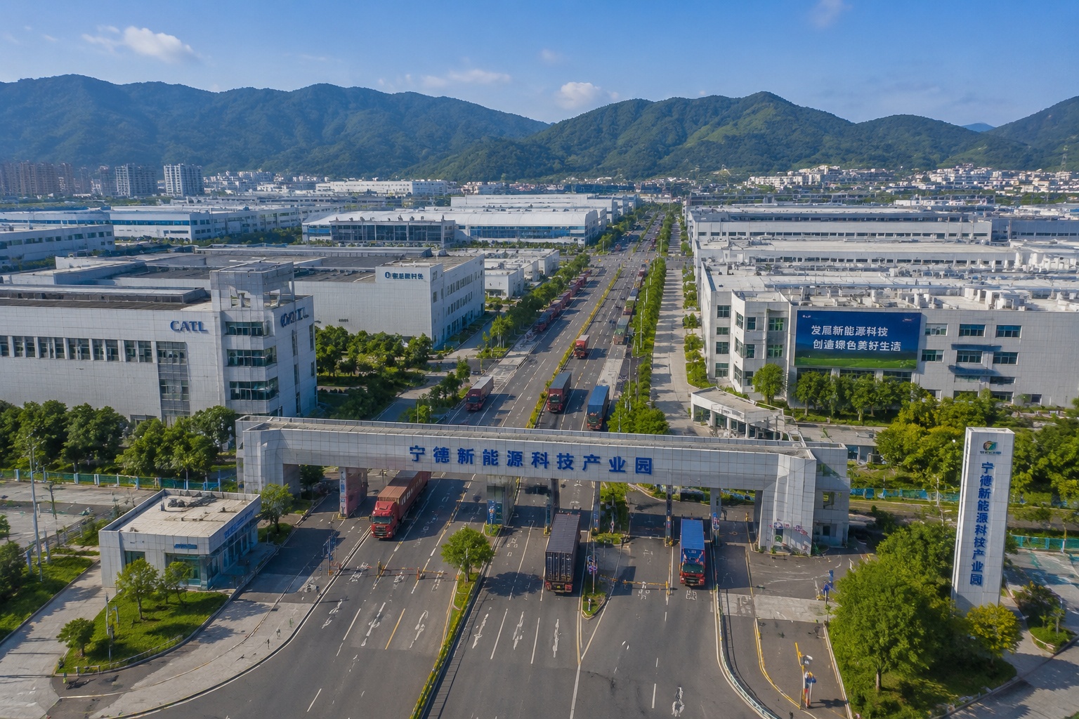 Aerial view of the Ningde battery industrial park and supply chain facilities in Fujian Province.