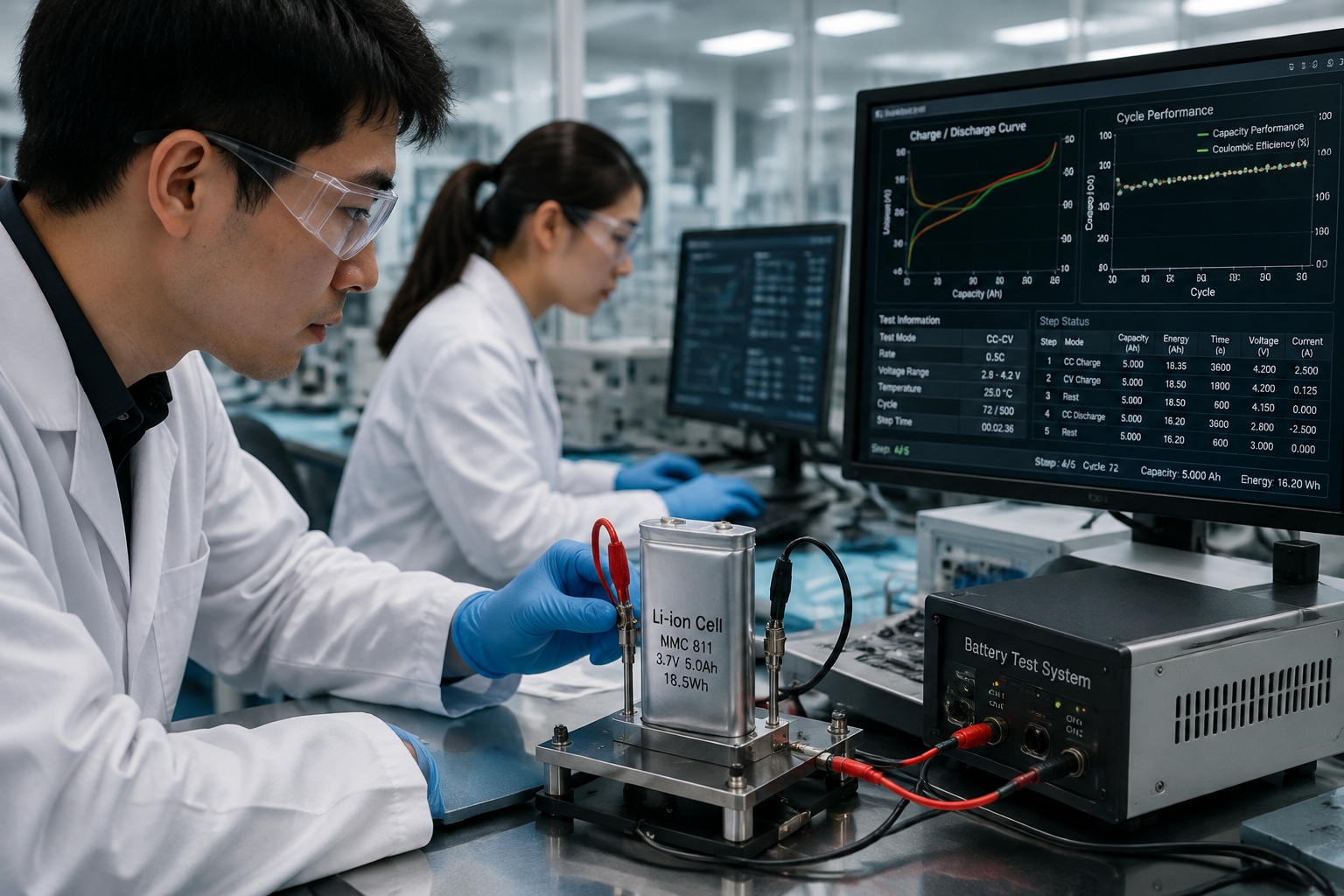 CATL engineers testing lithium battery cells in a research and development laboratory.