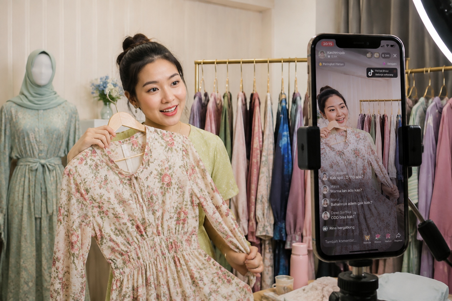 Chinese host livestreaming modest fashion to Indonesian viewers from Shishi studio