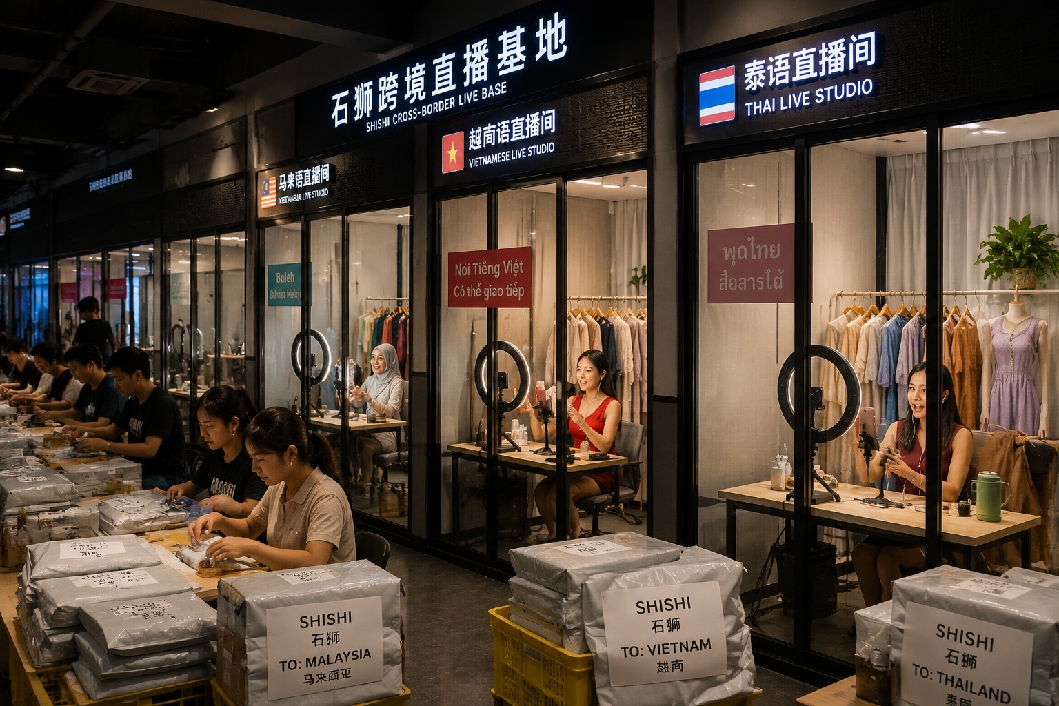 Multiple livestream studios in Shishi with hosts broadcasting in Southeast Asian languages