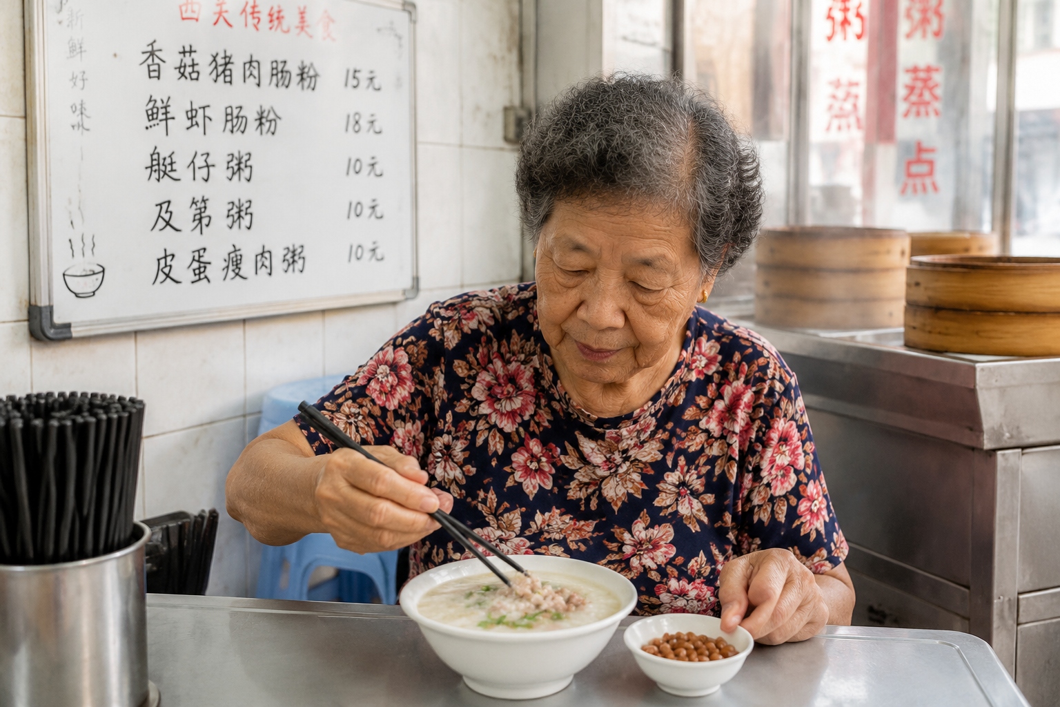 Elderly woman eating pork congee at a traditional teahouse in Liwan, Guangzhou