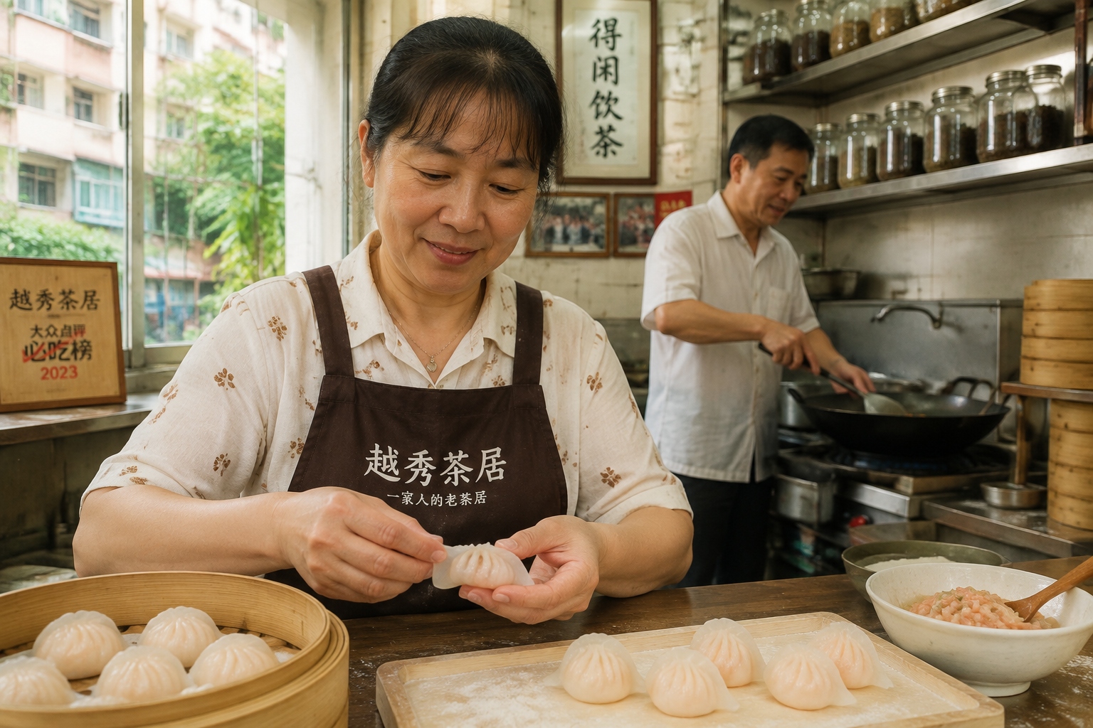 Hands folding shrimp dumplings with thin pleated wrappers in a family-run Yuexiu teahouse